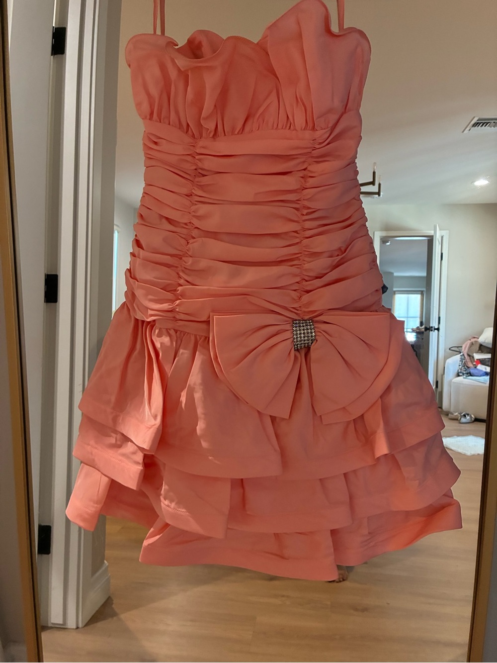 Vintage 1980s Women Coral Pink Ruffle Party Dress with Bow
